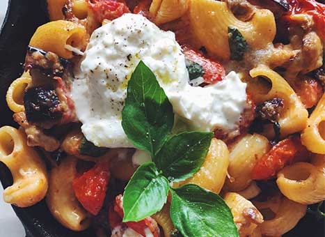 Baked Burrata Pasta with Tomatoes, Eggplant and Basil