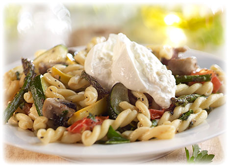 Roasted Vegetables with Gemelli Pasta and Burrata
