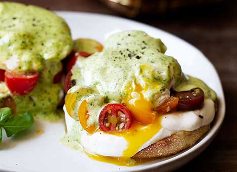 Caprese Eggs Benedict with Basil Hollandaise