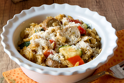 Cheesy Chicken Sausage and Vegetable Orzo Bake