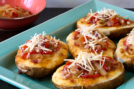 Twice Baked Parmesan Potatoes with Pancetta, Caramelized Onions and Peppers