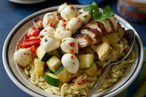 Orzo Salad with Blackened Chicken and Marinated Fresh Mozzarella